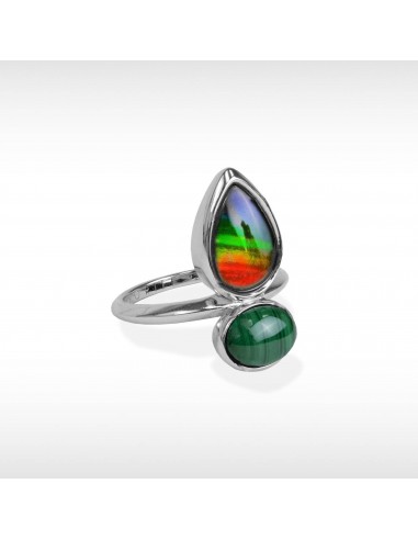 Harmony Ammolite Ring in Sterling Silver with Malachite la colonne vertébrale